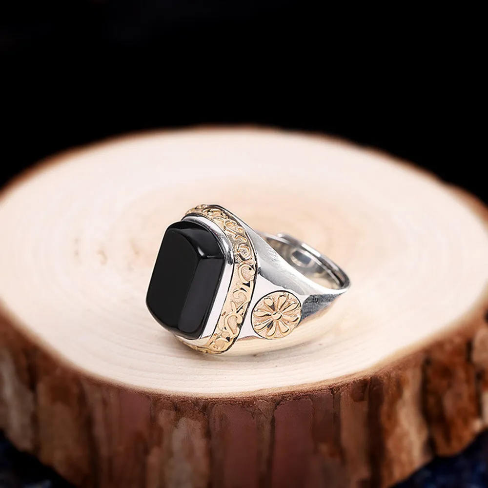 Real Solid 925 Sterling Silver Rings Black Agate Fashion Punk Jewelry Open Size Adjustable