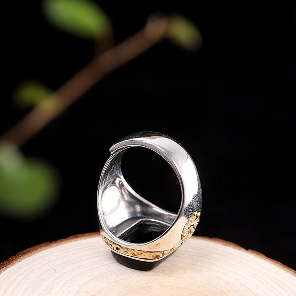 Real Solid 925 Sterling Silver Rings Black Agate Fashion Punk Jewelry Open Size Adjustable