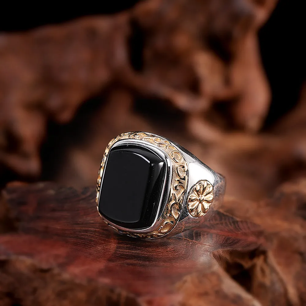 Real Solid 925 Sterling Silver Rings Black Agate Fashion Punk Jewelry Open Size Adjustable