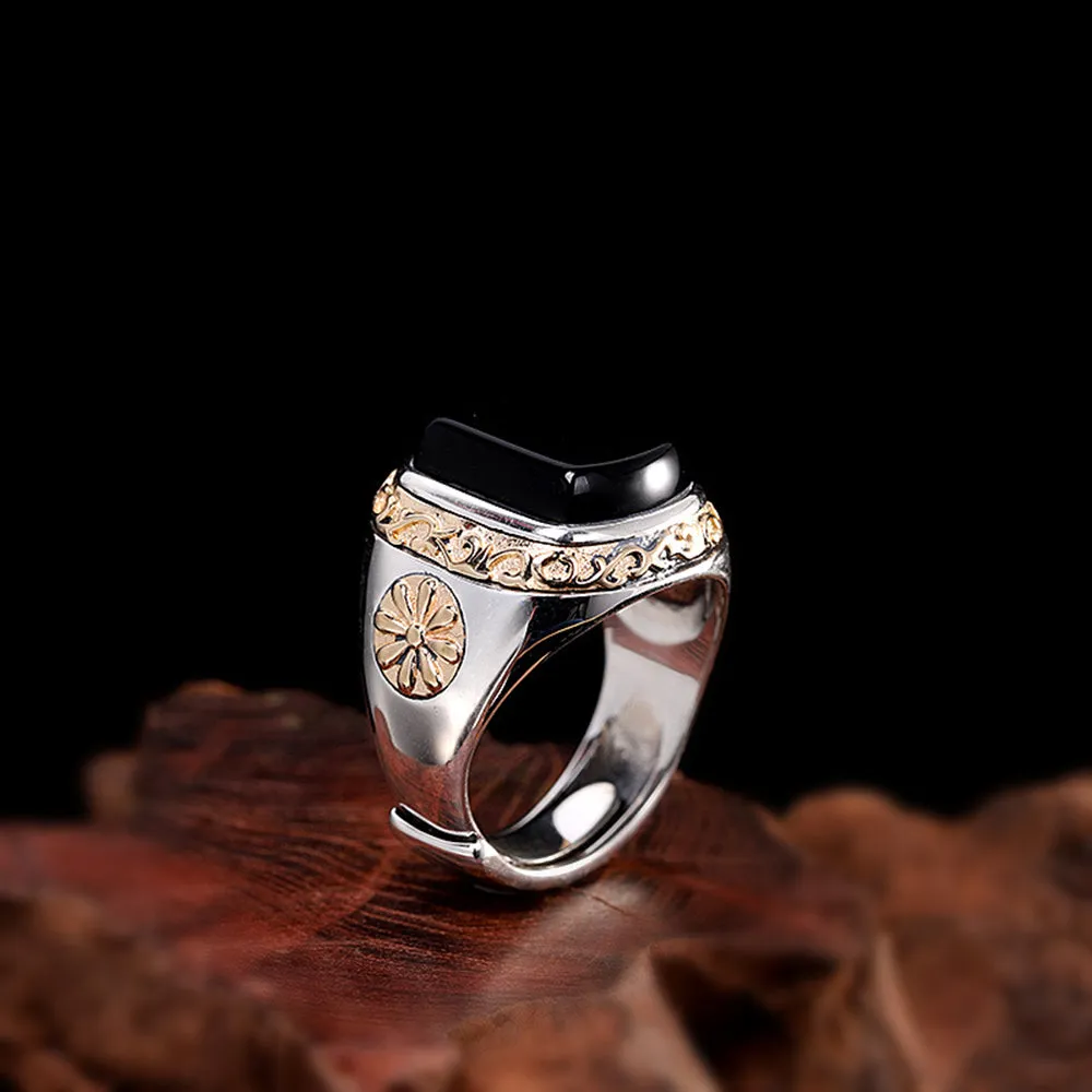 Real Solid 925 Sterling Silver Rings Black Agate Fashion Punk Jewelry Open Size Adjustable