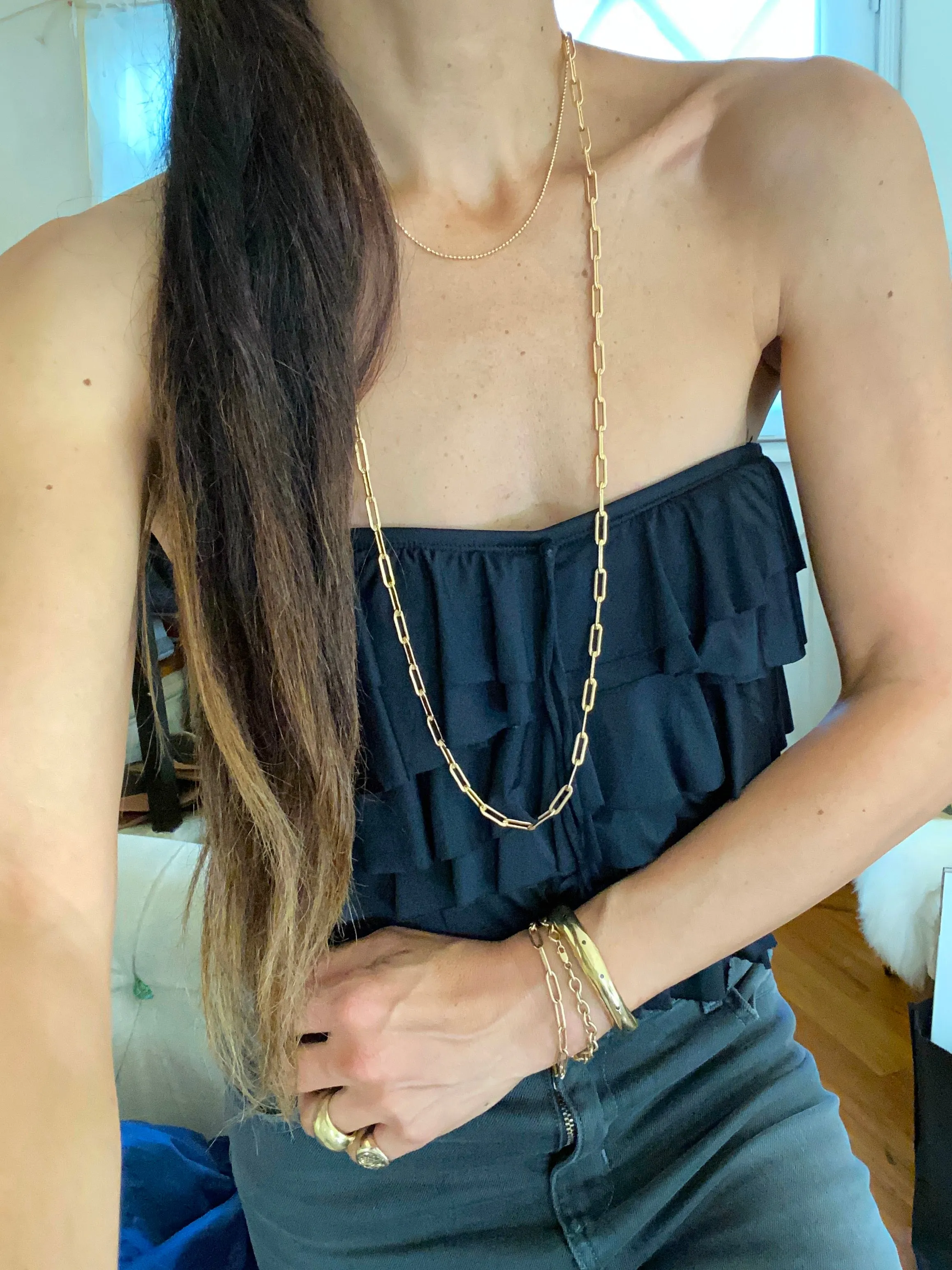 Rectangle Chain Long Necklace - Sterling Silver