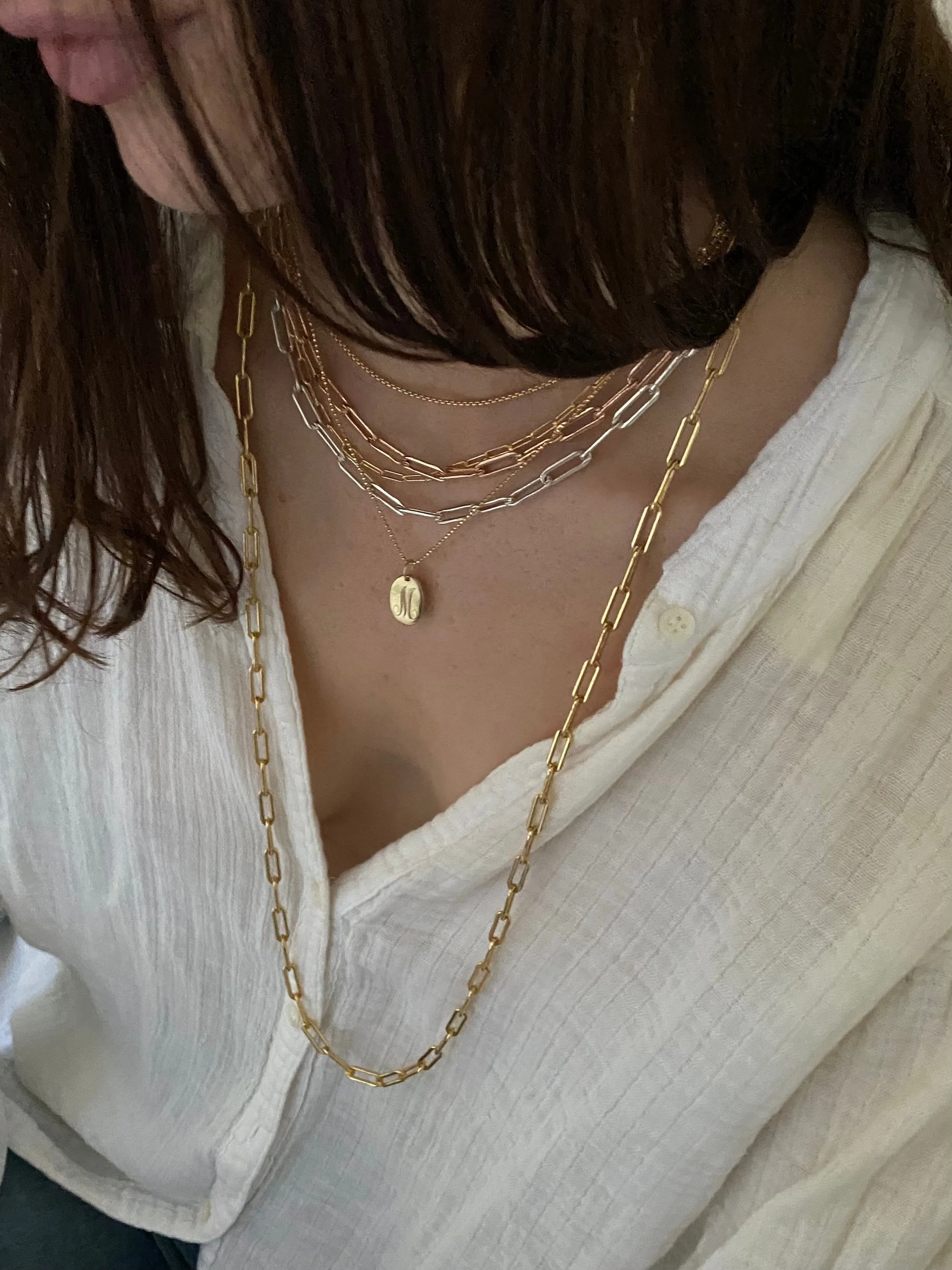 Rectangle Chain Long Necklace - Sterling Silver