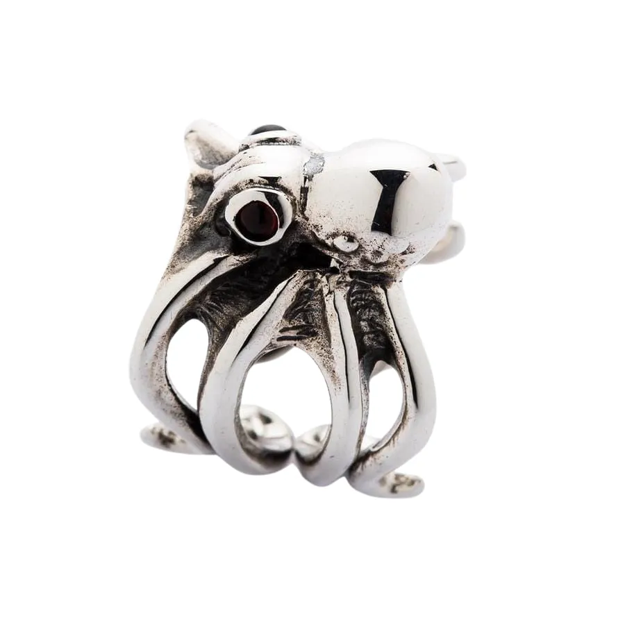 Red Eyes Sterling Silver Octopus Ring
