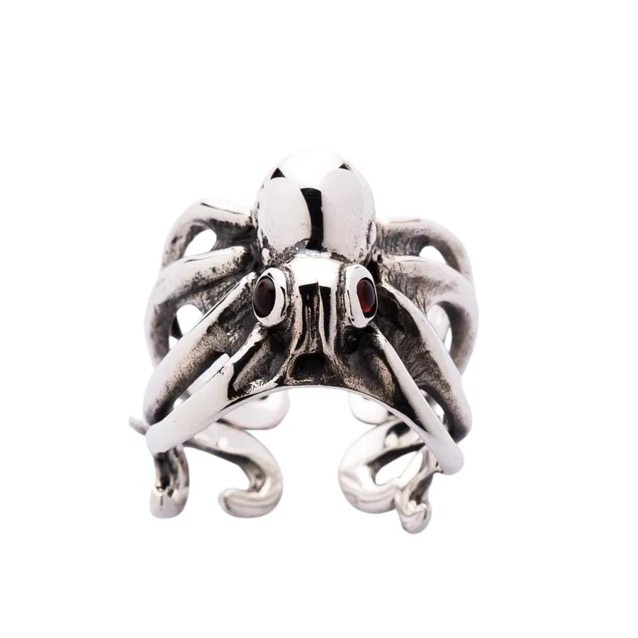 Red Eyes Sterling Silver Octopus Ring
