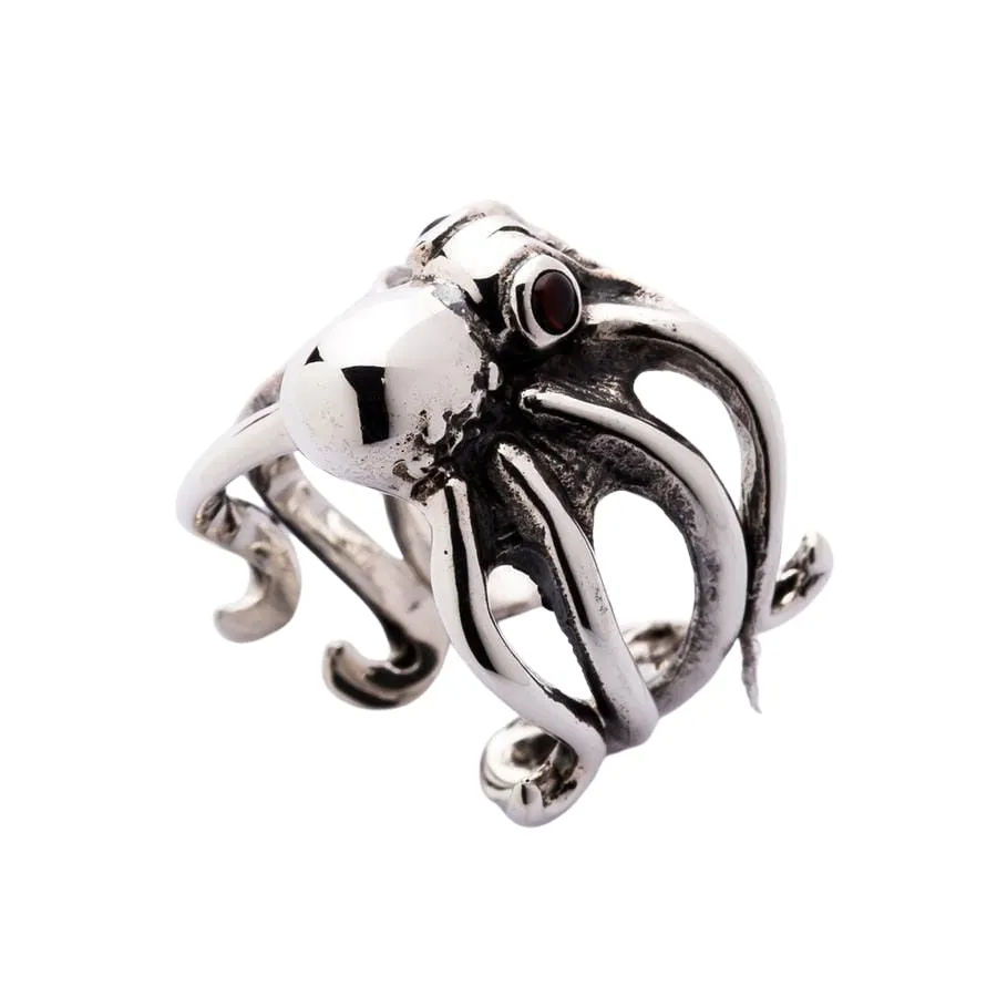Red Eyes Sterling Silver Octopus Ring
