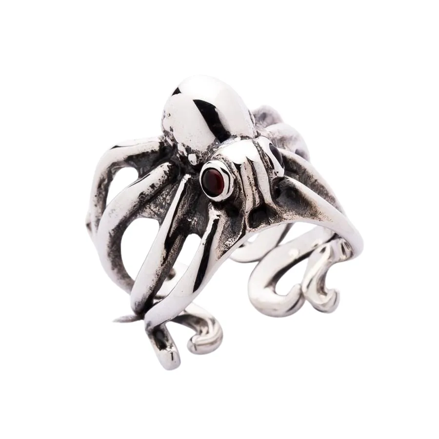 Red Eyes Sterling Silver Octopus Ring