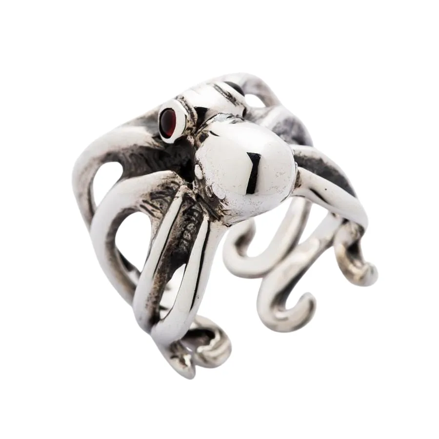 Red Eyes Sterling Silver Octopus Ring