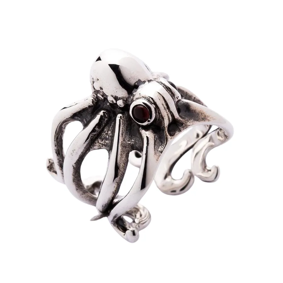 Red Eyes Sterling Silver Octopus Ring