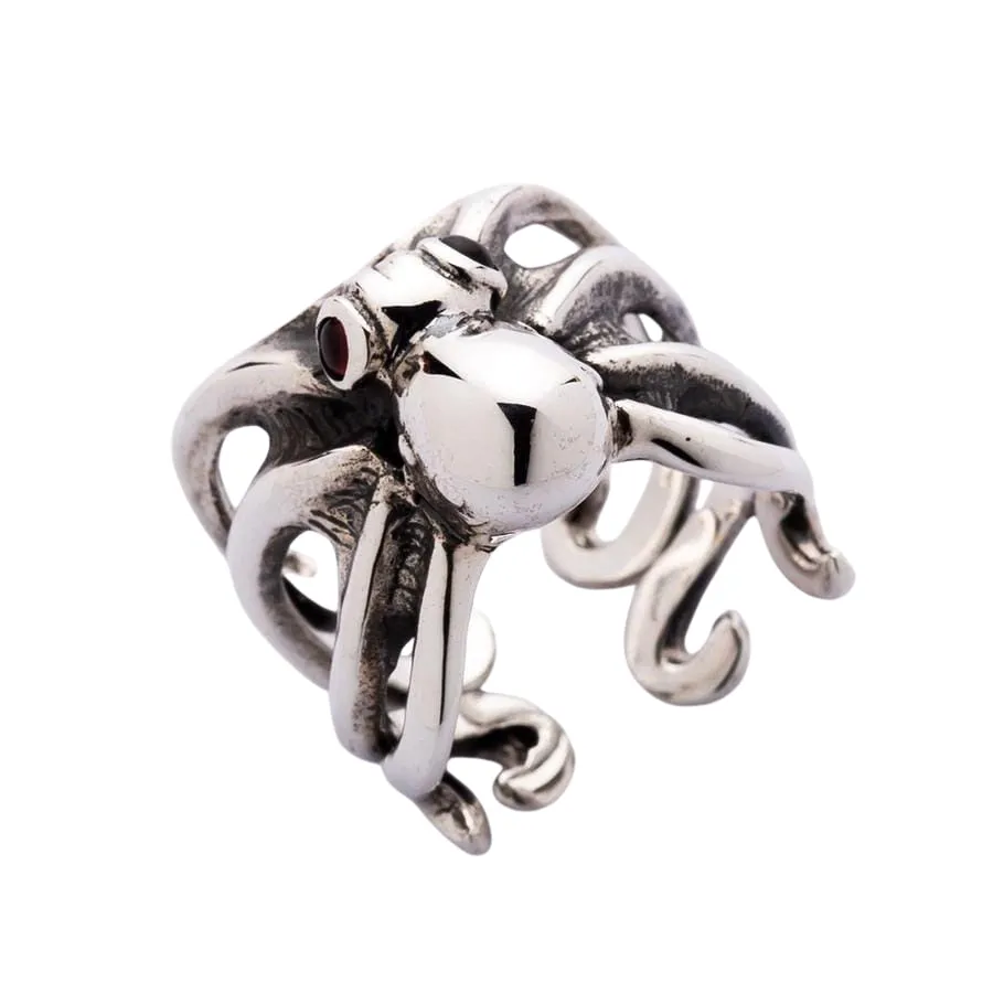 Red Eyes Sterling Silver Octopus Ring