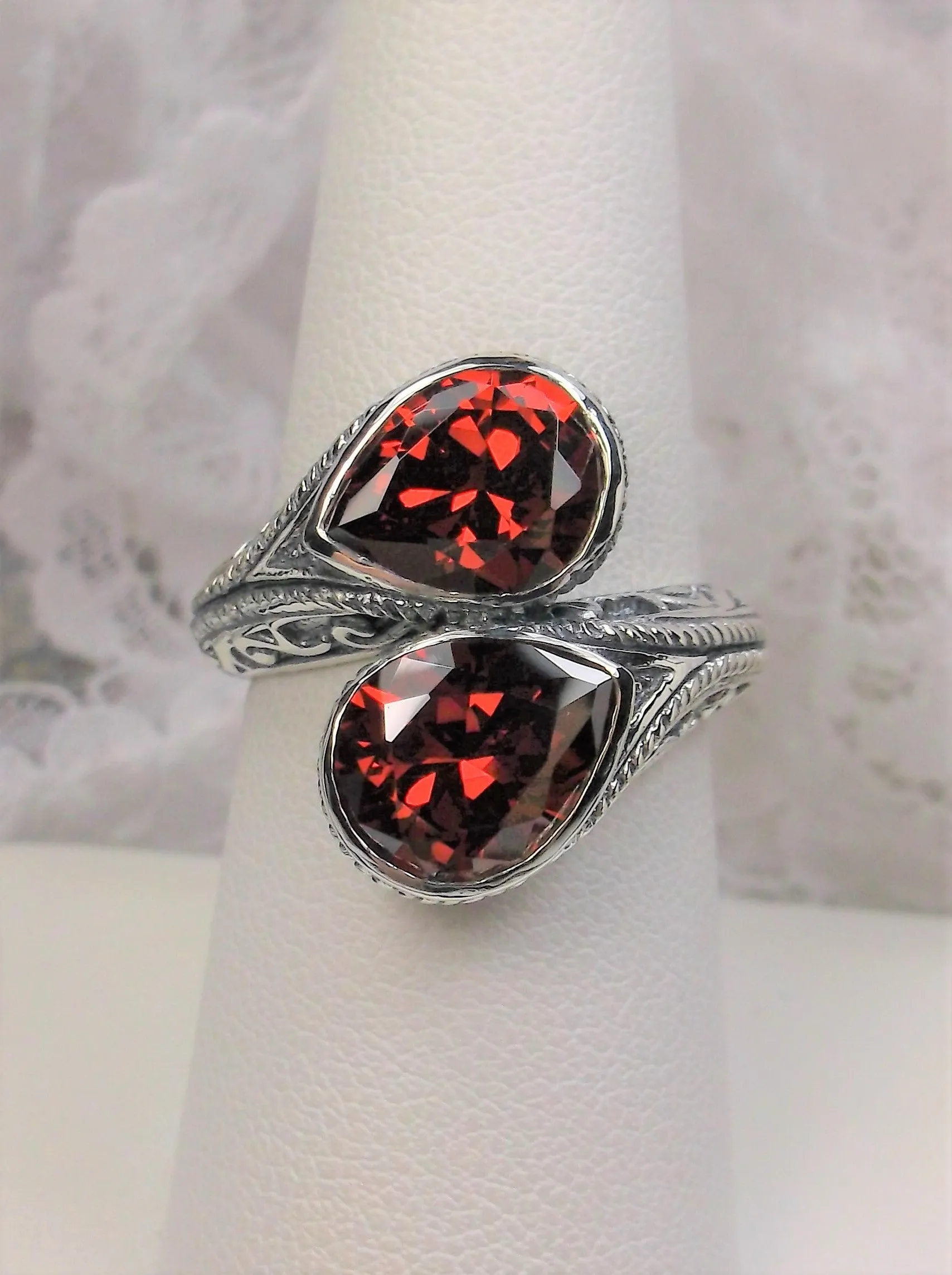 Red Garnet CZ Ring, Teardrop Swirl Snake Eye, Art Deco Jewelry #D221