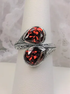 Red Garnet CZ Ring, Teardrop Swirl Snake Eye, Art Deco Jewelry #D221