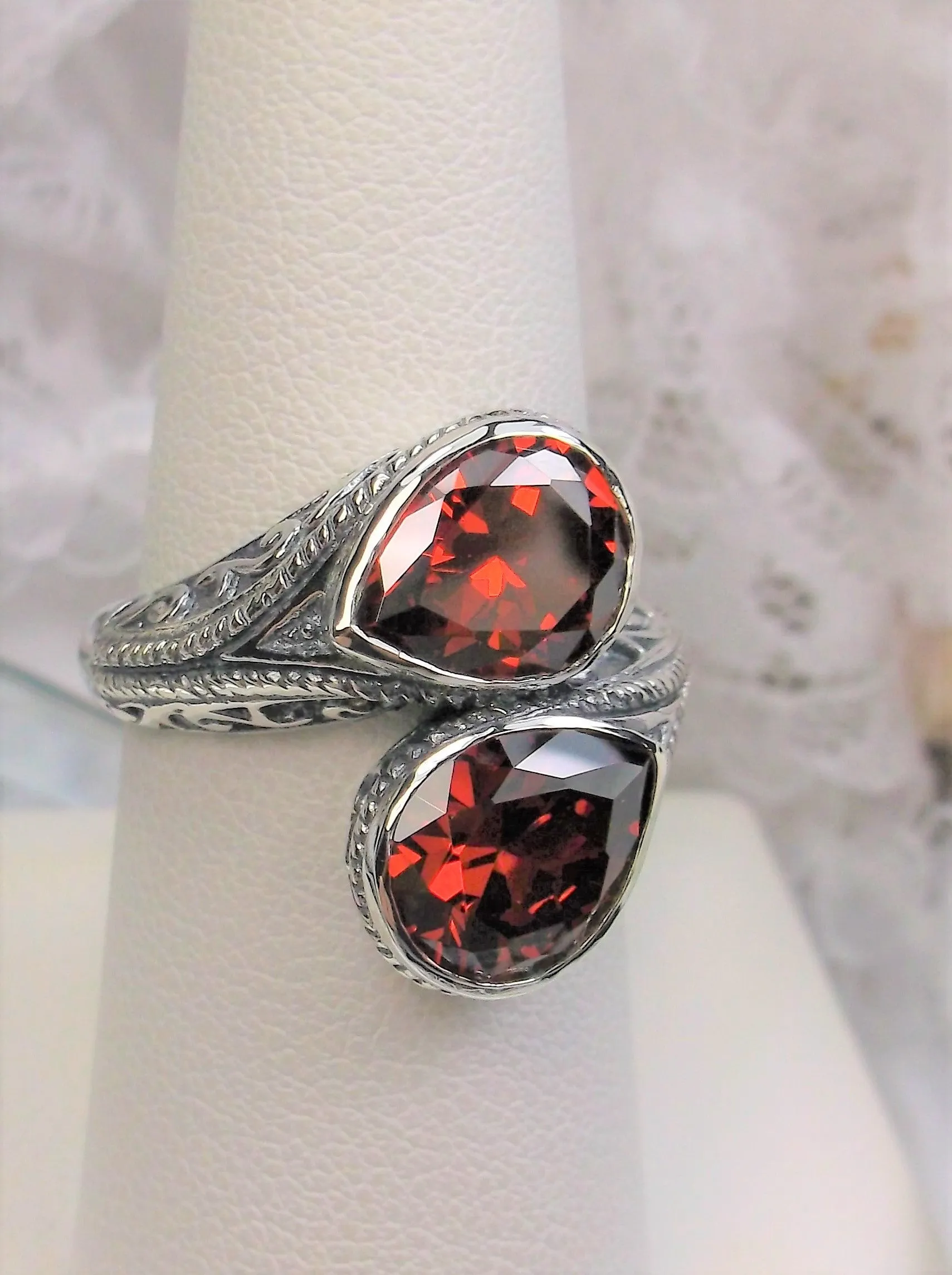 Red Garnet CZ Ring, Teardrop Swirl Snake Eye, Art Deco Jewelry #D221