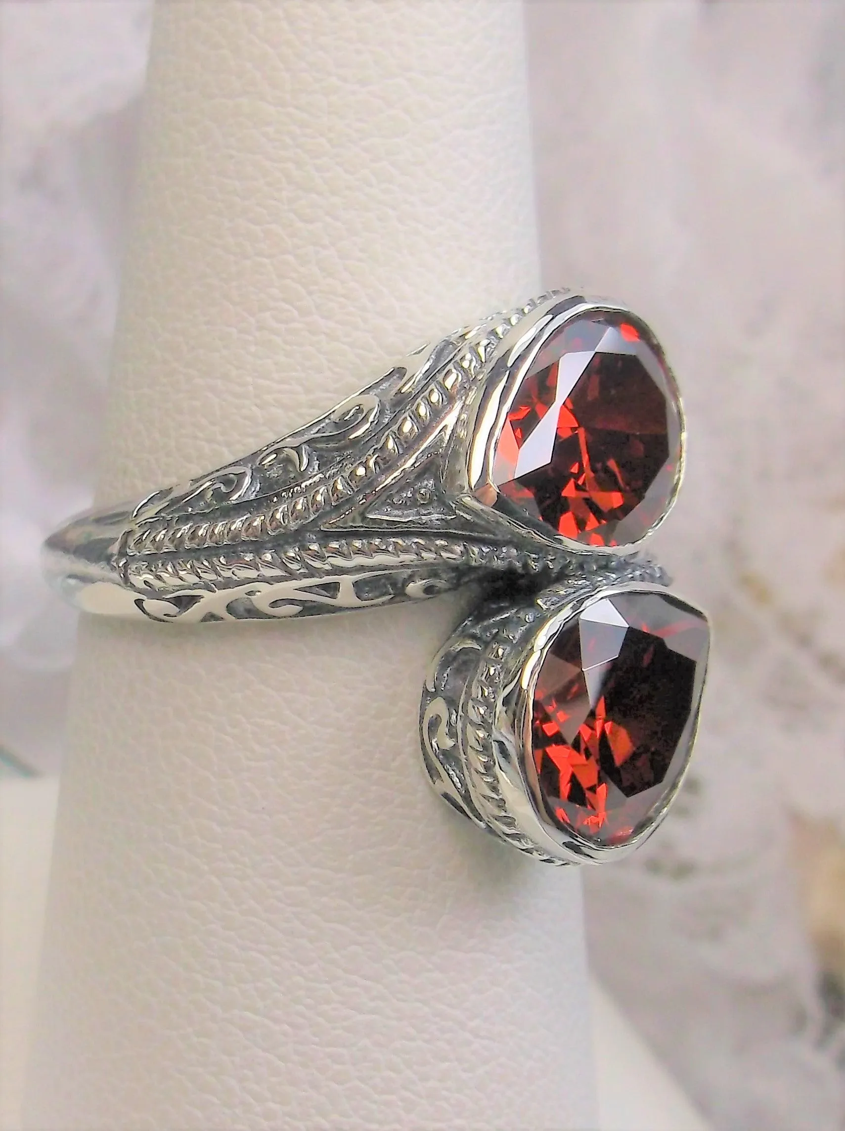 Red Garnet CZ Ring, Teardrop Swirl Snake Eye, Art Deco Jewelry #D221
