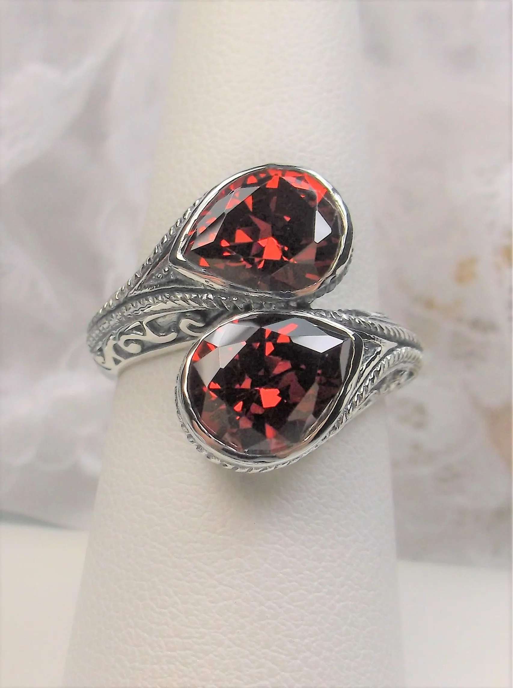 Red Garnet CZ Ring, Teardrop Swirl Snake Eye, Art Deco Jewelry #D221