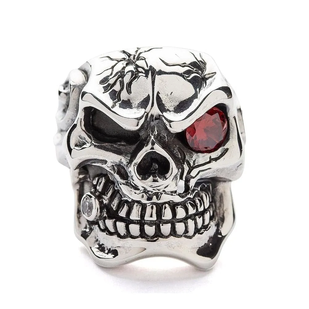 Red Garnet Eye Mafia Sterling Silver Skull Ring