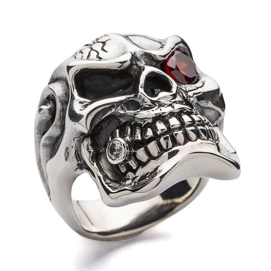 Red Garnet Eye Mafia Sterling Silver Skull Ring