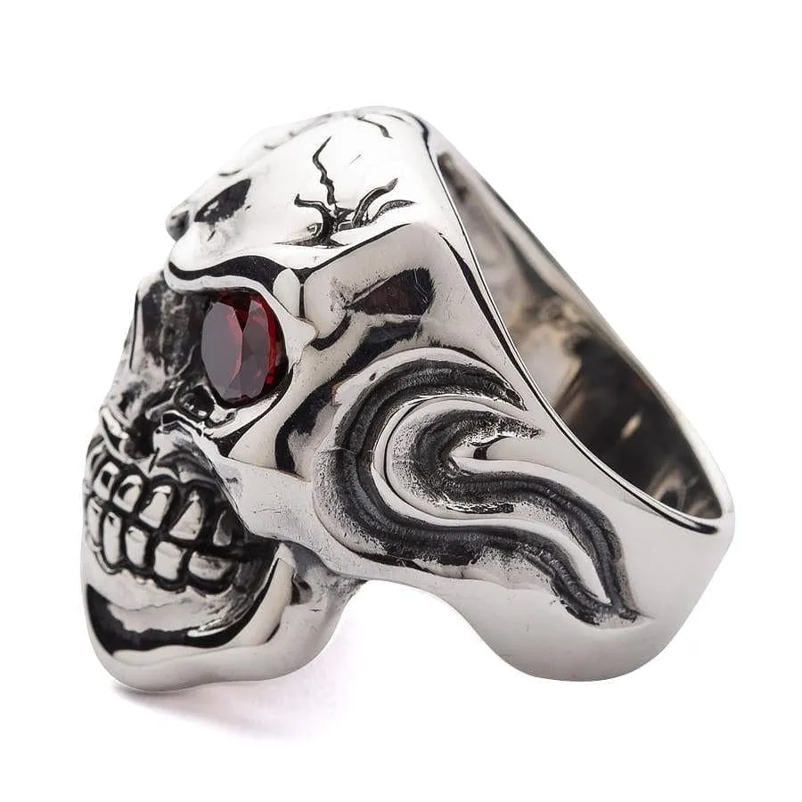 Red Garnet Eye Mafia Sterling Silver Skull Ring