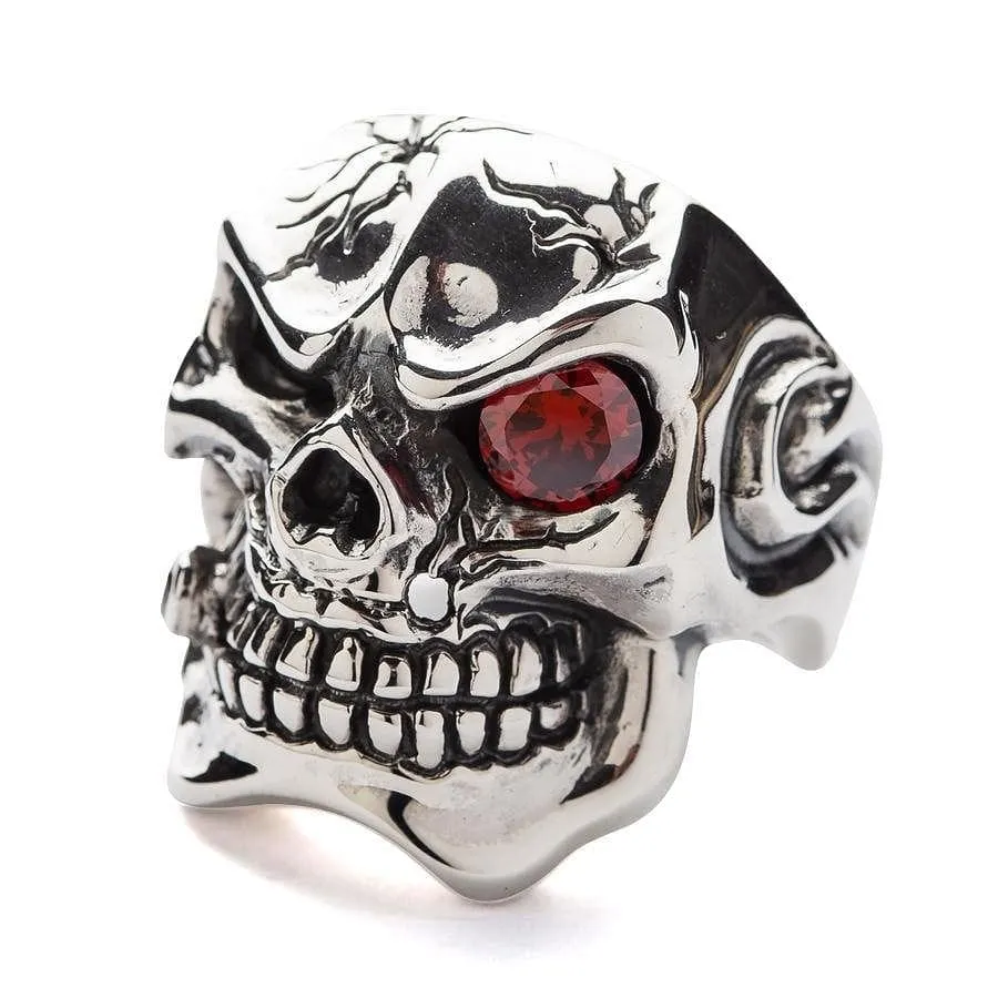 Red Garnet Eye Mafia Sterling Silver Skull Ring