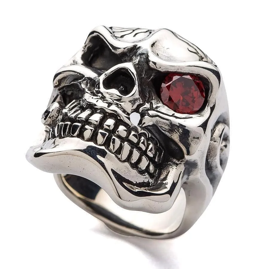 Red Garnet Eye Mafia Sterling Silver Skull Ring