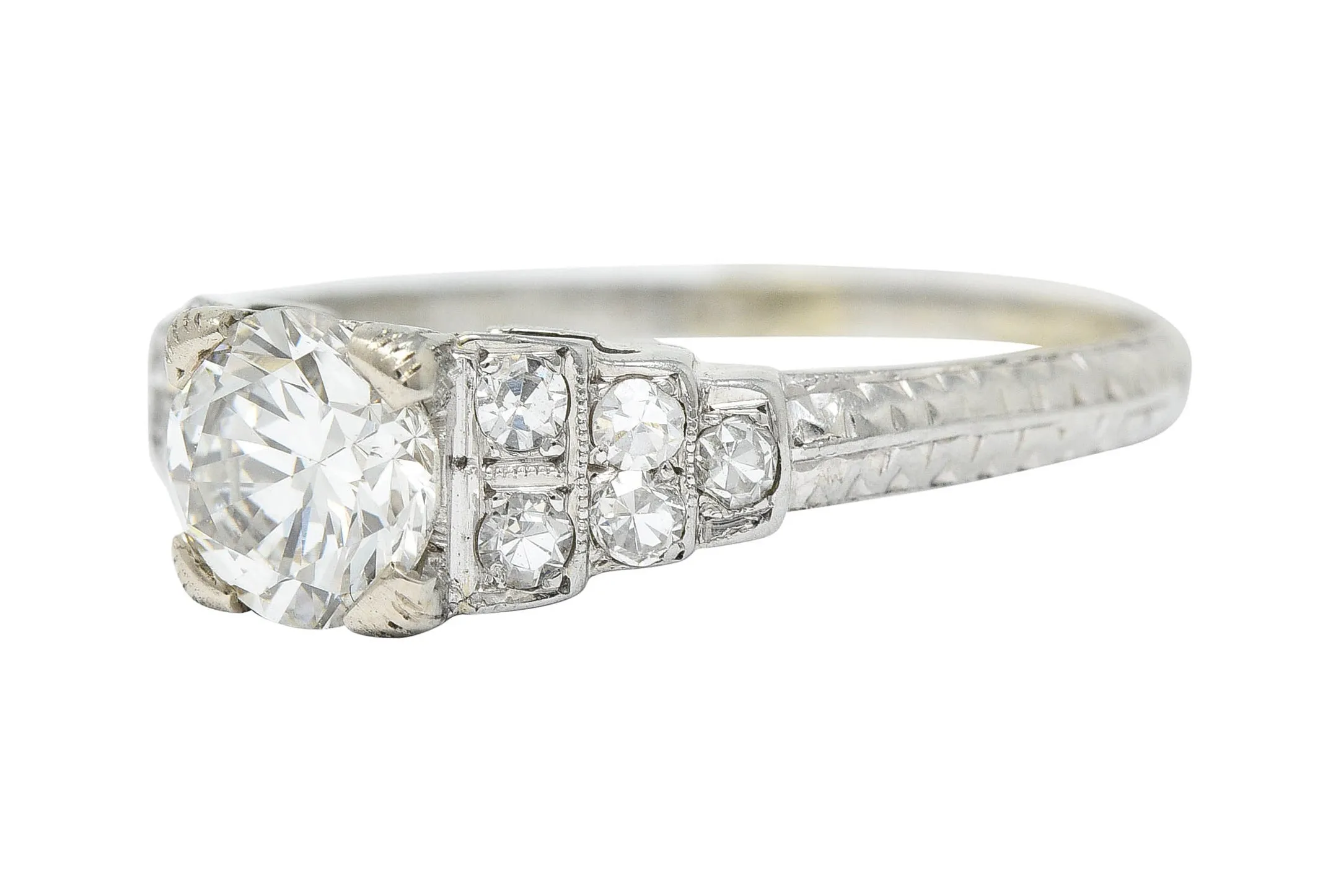 Retro 1.00 CTW Diamond 18 Karat White Gold Stepped Engagement Ring