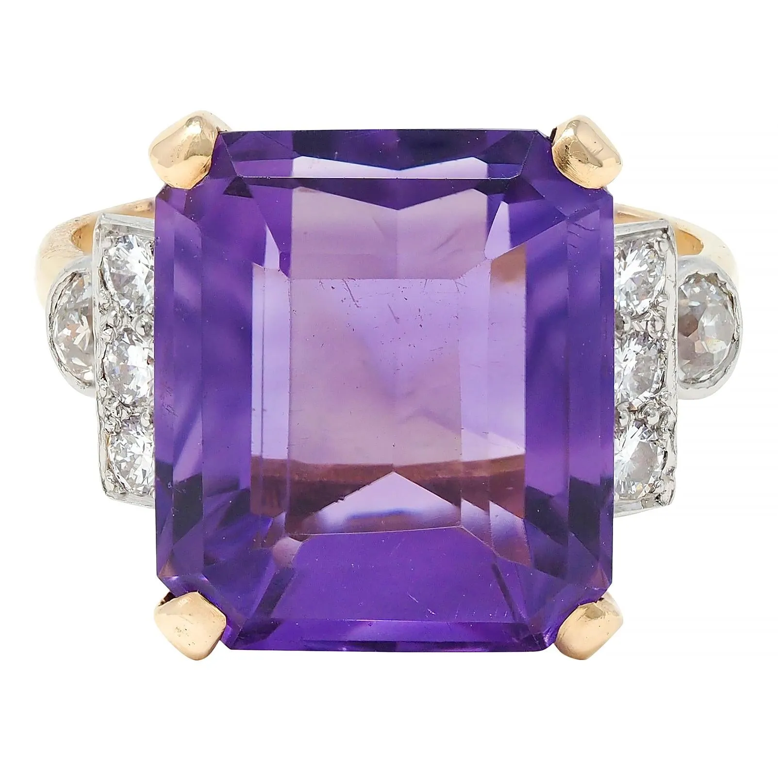 Retro 10.22 CTW Amethyst Diamond Platinum 14 Karat Yellow Gold Vintage Cocktail Ring