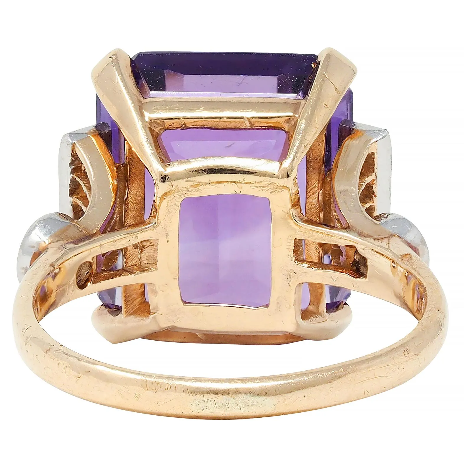 Retro 10.22 CTW Amethyst Diamond Platinum 14 Karat Yellow Gold Vintage Cocktail Ring