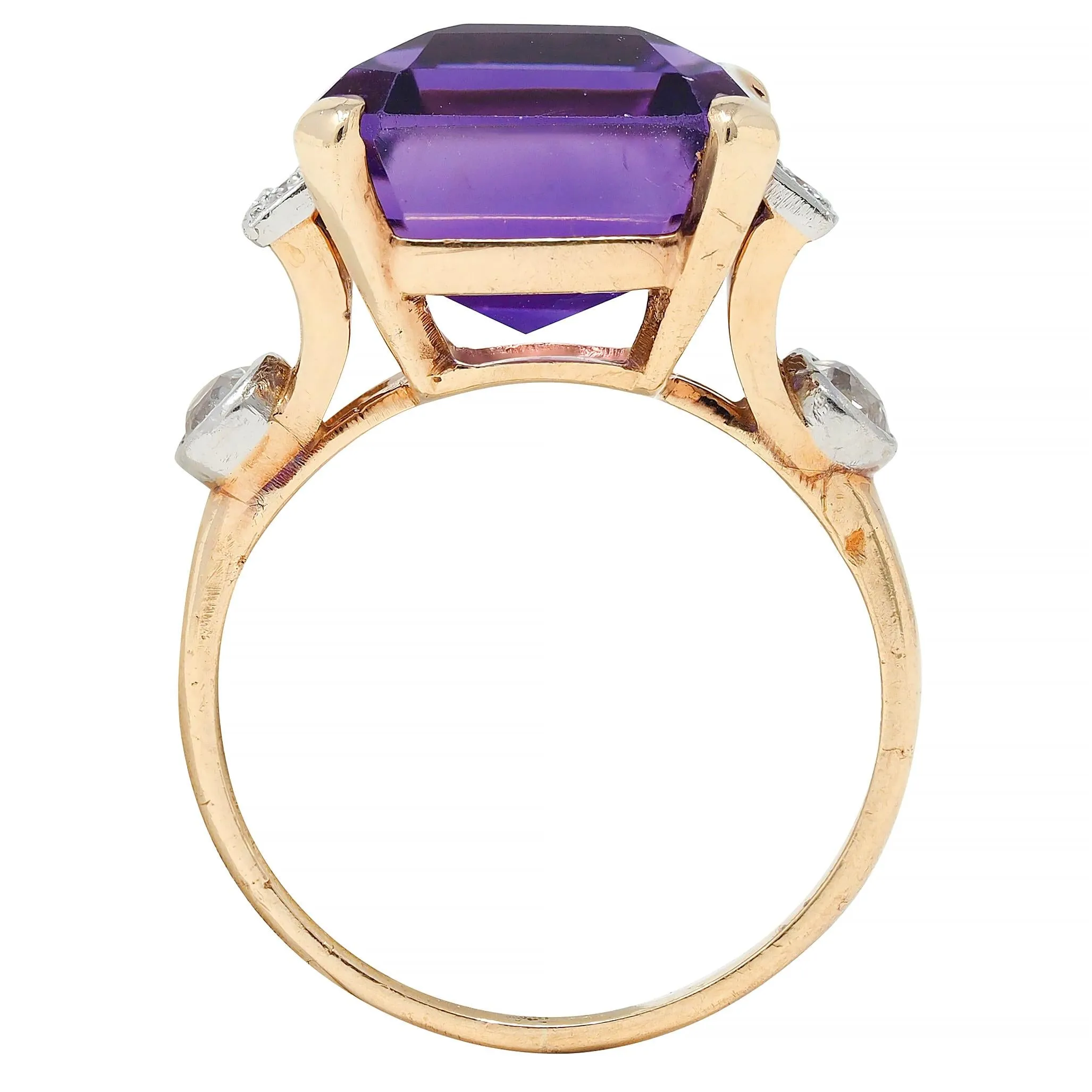 Retro 10.22 CTW Amethyst Diamond Platinum 14 Karat Yellow Gold Vintage Cocktail Ring
