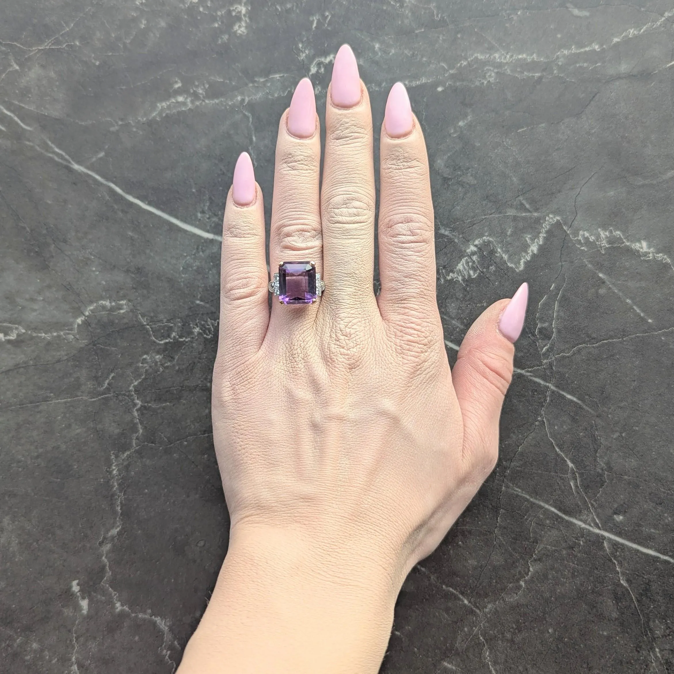 Retro 10.22 CTW Amethyst Diamond Platinum 14 Karat Yellow Gold Vintage Cocktail Ring