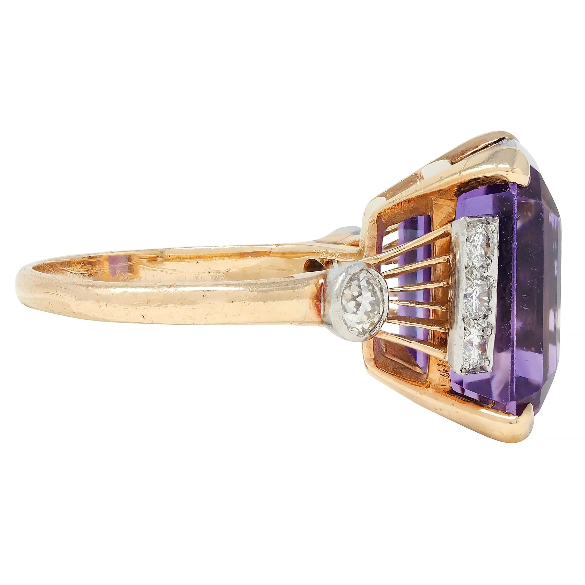 Retro 10.22 CTW Amethyst Diamond Platinum 14 Karat Yellow Gold Vintage Cocktail Ring