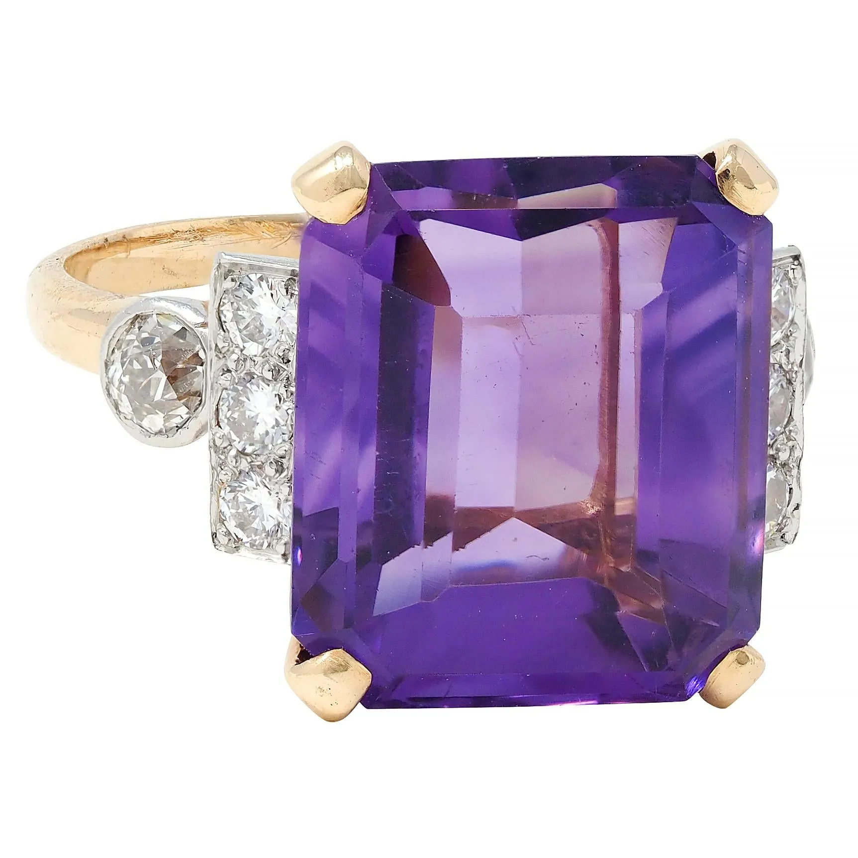 Retro 10.22 CTW Amethyst Diamond Platinum 14 Karat Yellow Gold Vintage Cocktail Ring