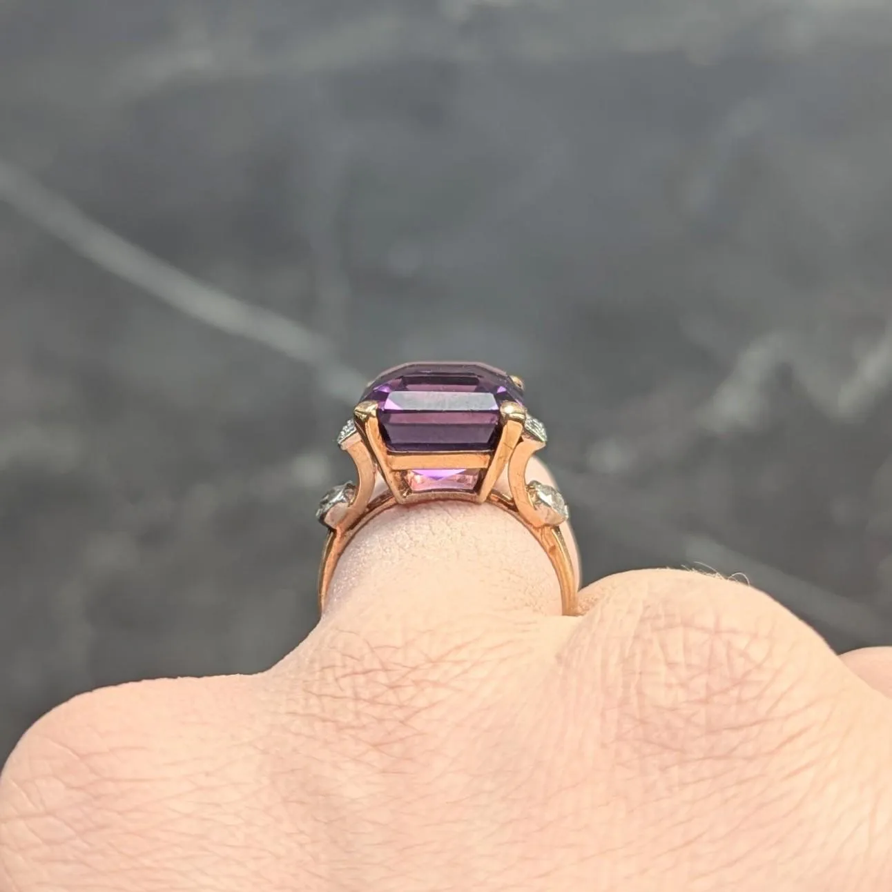 Retro 10.22 CTW Amethyst Diamond Platinum 14 Karat Yellow Gold Vintage Cocktail Ring