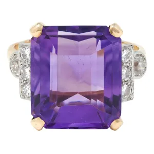 Retro 10.22 CTW Amethyst Diamond Platinum 14 Karat Yellow Gold Vintage Cocktail Ring