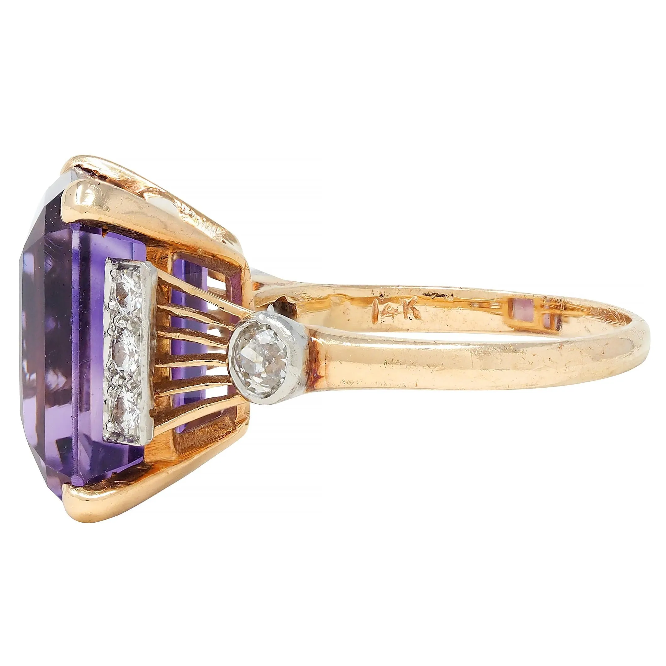 Retro 10.22 CTW Amethyst Diamond Platinum 14 Karat Yellow Gold Vintage Cocktail Ring