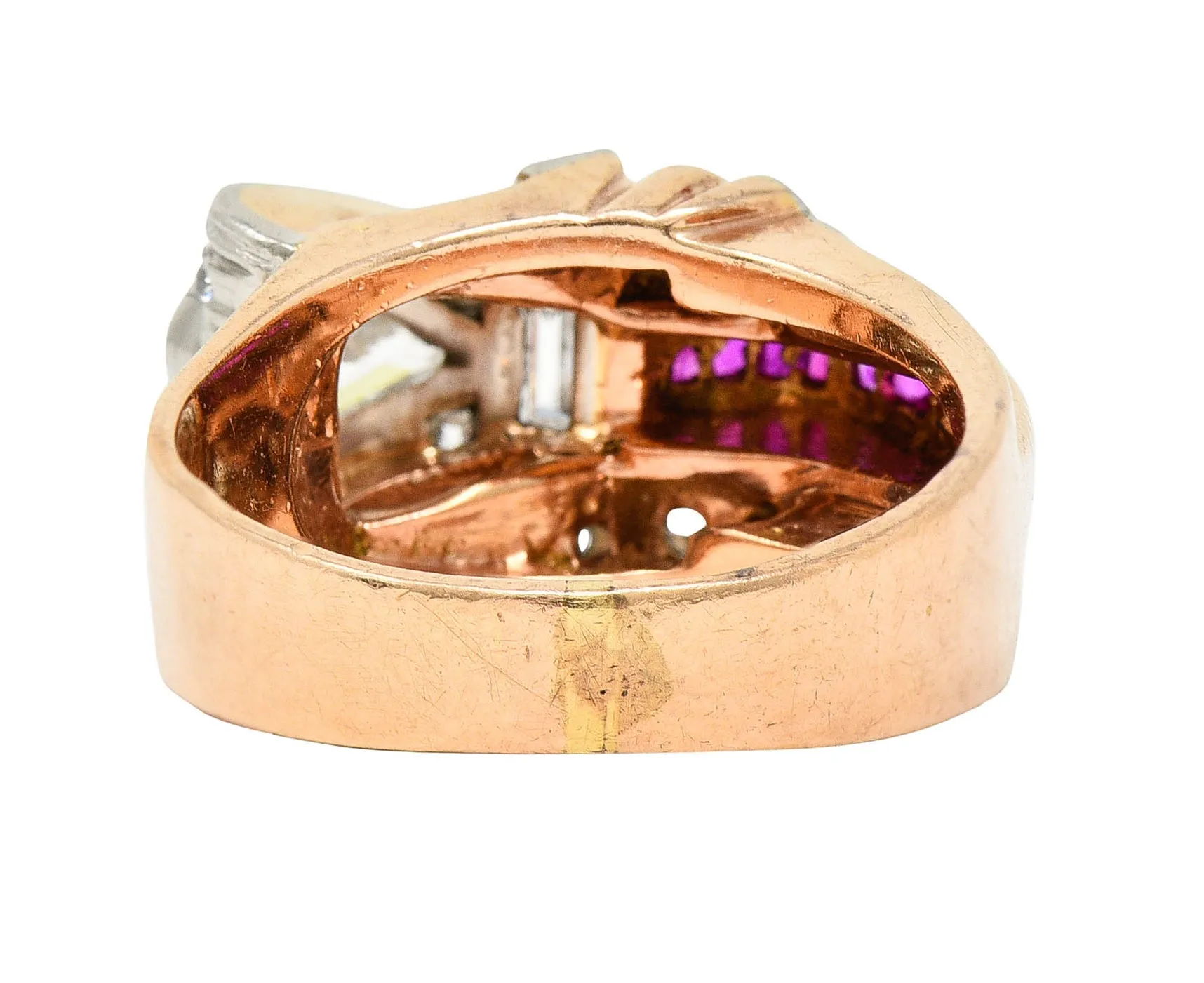 Retro 1.17 CTW Diamond Ruby 14 Karat Two-Tone Bow Ring
