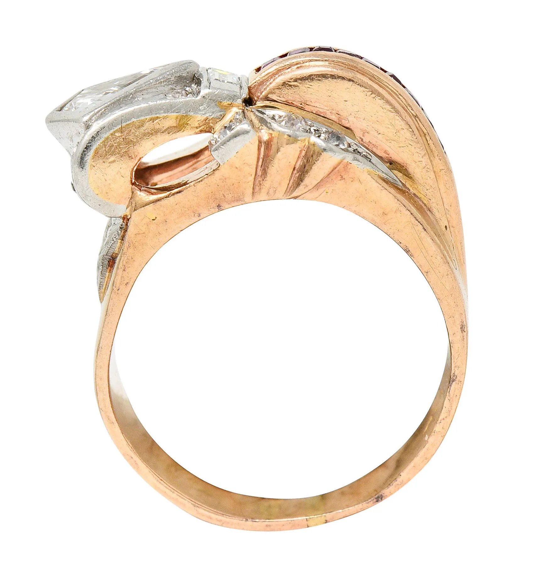 Retro 1.17 CTW Diamond Ruby 14 Karat Two-Tone Bow Ring