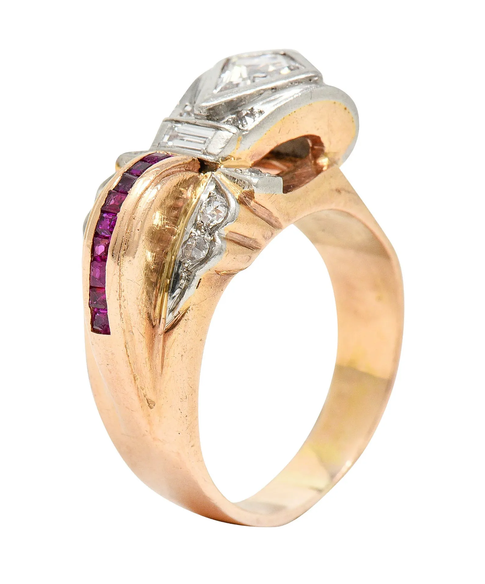 Retro 1.17 CTW Diamond Ruby 14 Karat Two-Tone Bow Ring