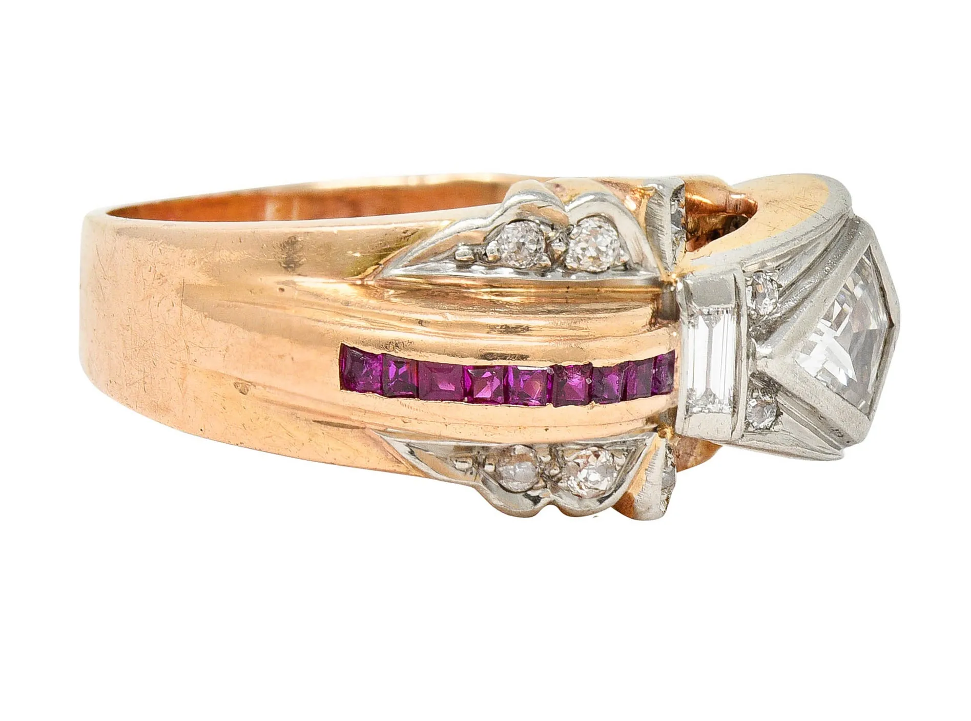 Retro 1.17 CTW Diamond Ruby 14 Karat Two-Tone Bow Ring