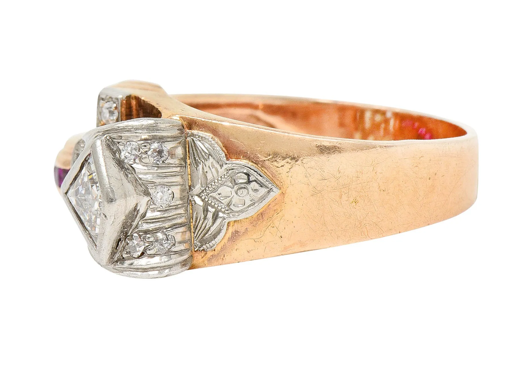 Retro 1.17 CTW Diamond Ruby 14 Karat Two-Tone Bow Ring