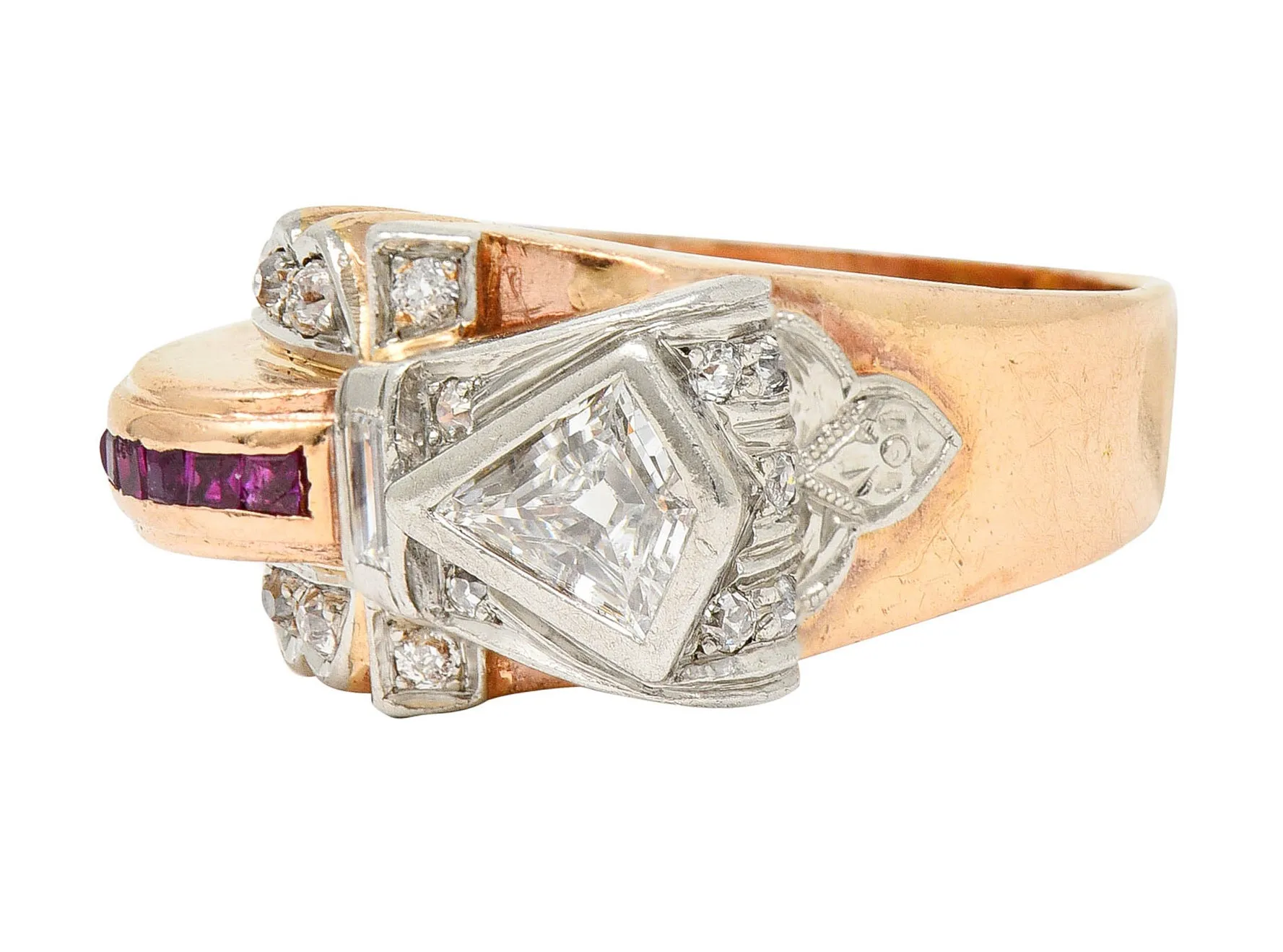 Retro 1.17 CTW Diamond Ruby 14 Karat Two-Tone Bow Ring