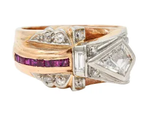 Retro 1.17 CTW Diamond Ruby 14 Karat Two-Tone Bow Ring