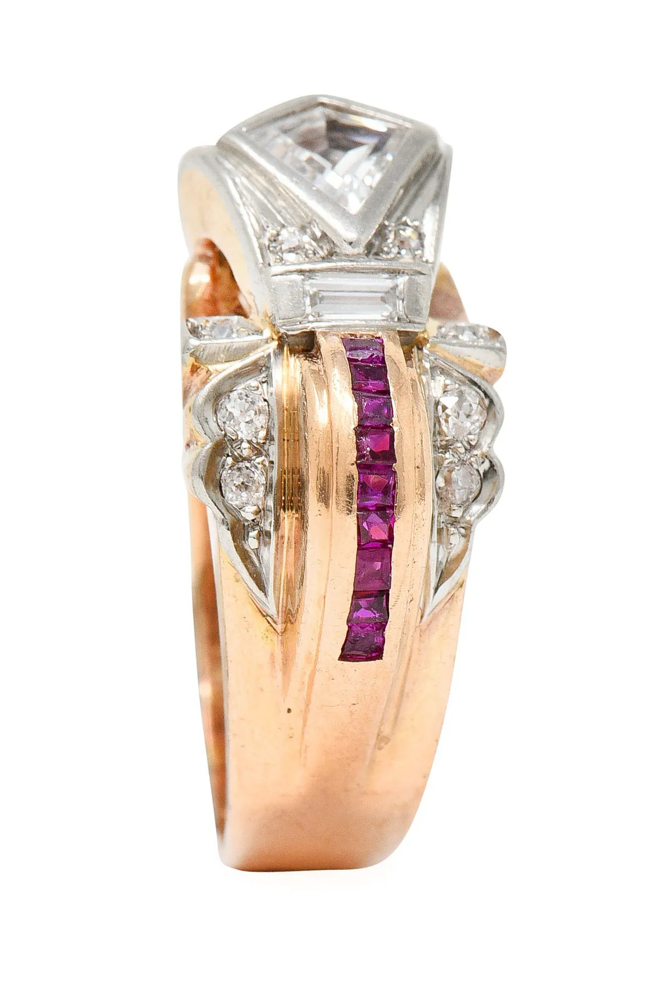 Retro 1.17 CTW Diamond Ruby 14 Karat Two-Tone Bow Ring