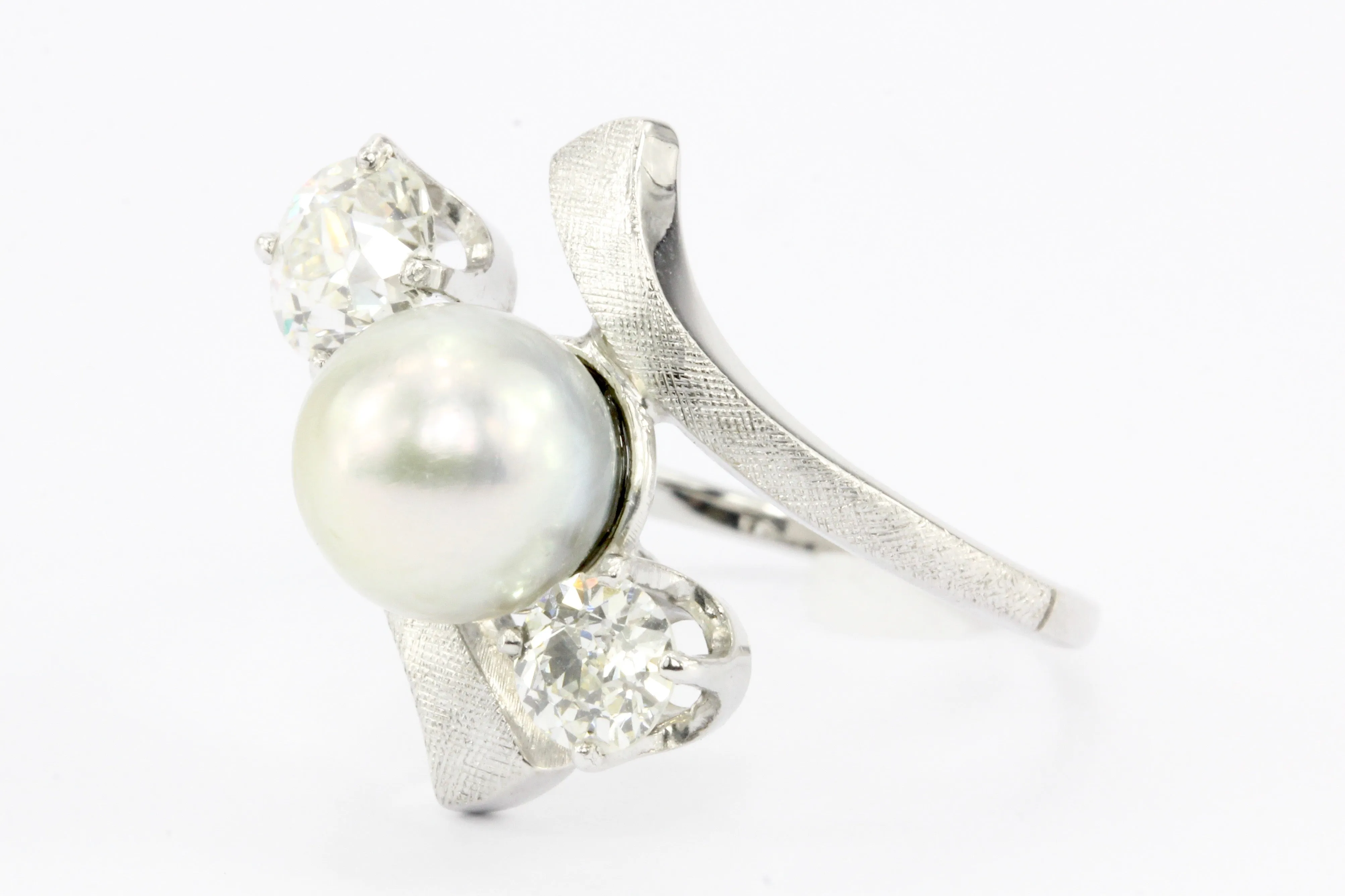 Retro 14K White Gold Old European Diamond & 8.6mm Silver Pearl Ring