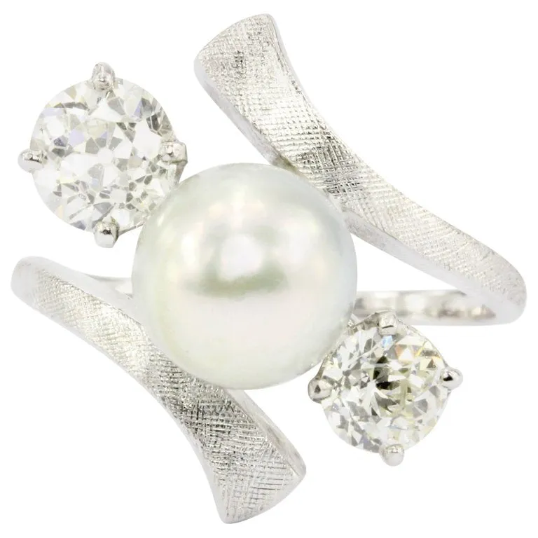 Retro 14K White Gold Old European Diamond & 8.6mm Silver Pearl Ring