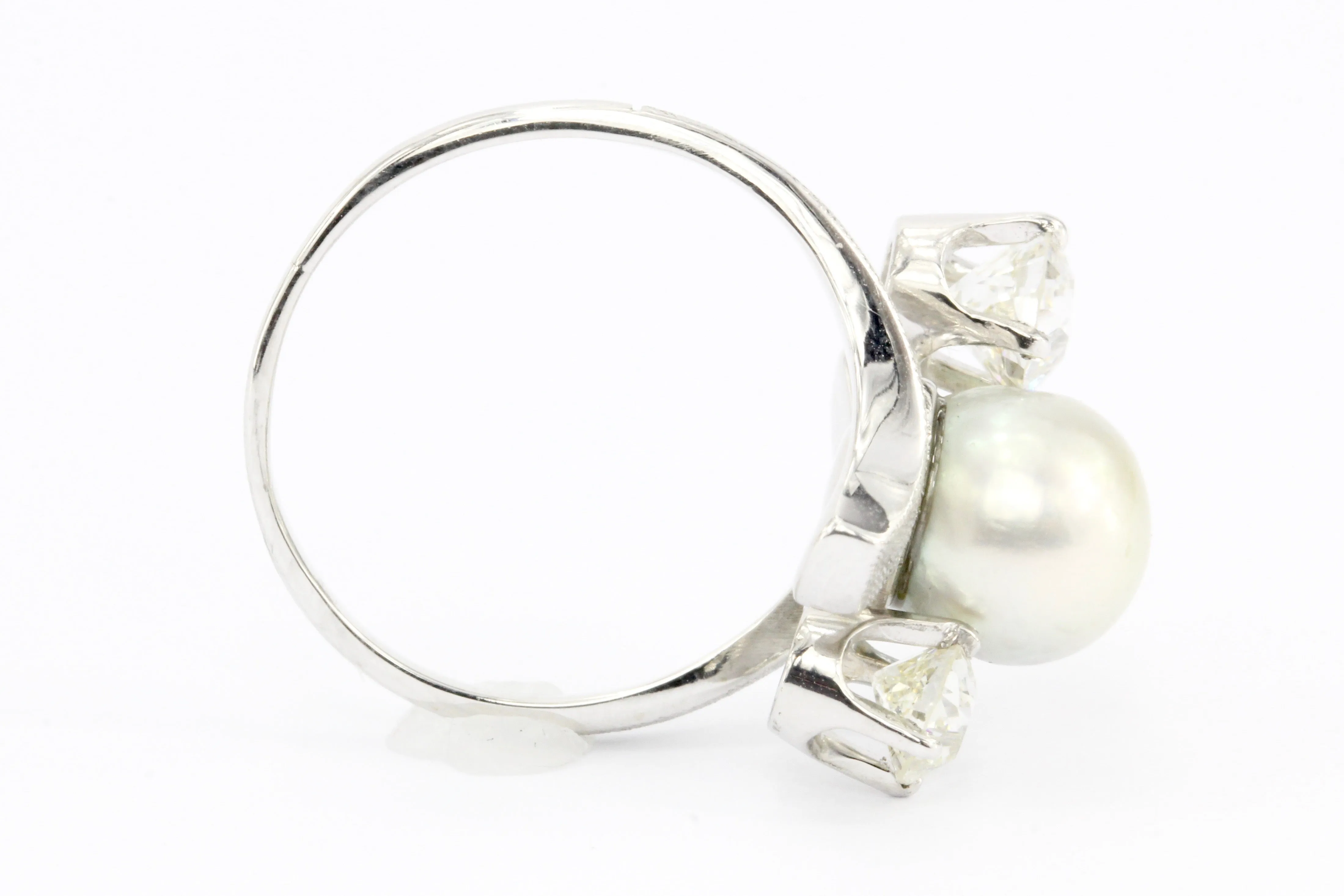 Retro 14K White Gold Old European Diamond & 8.6mm Silver Pearl Ring