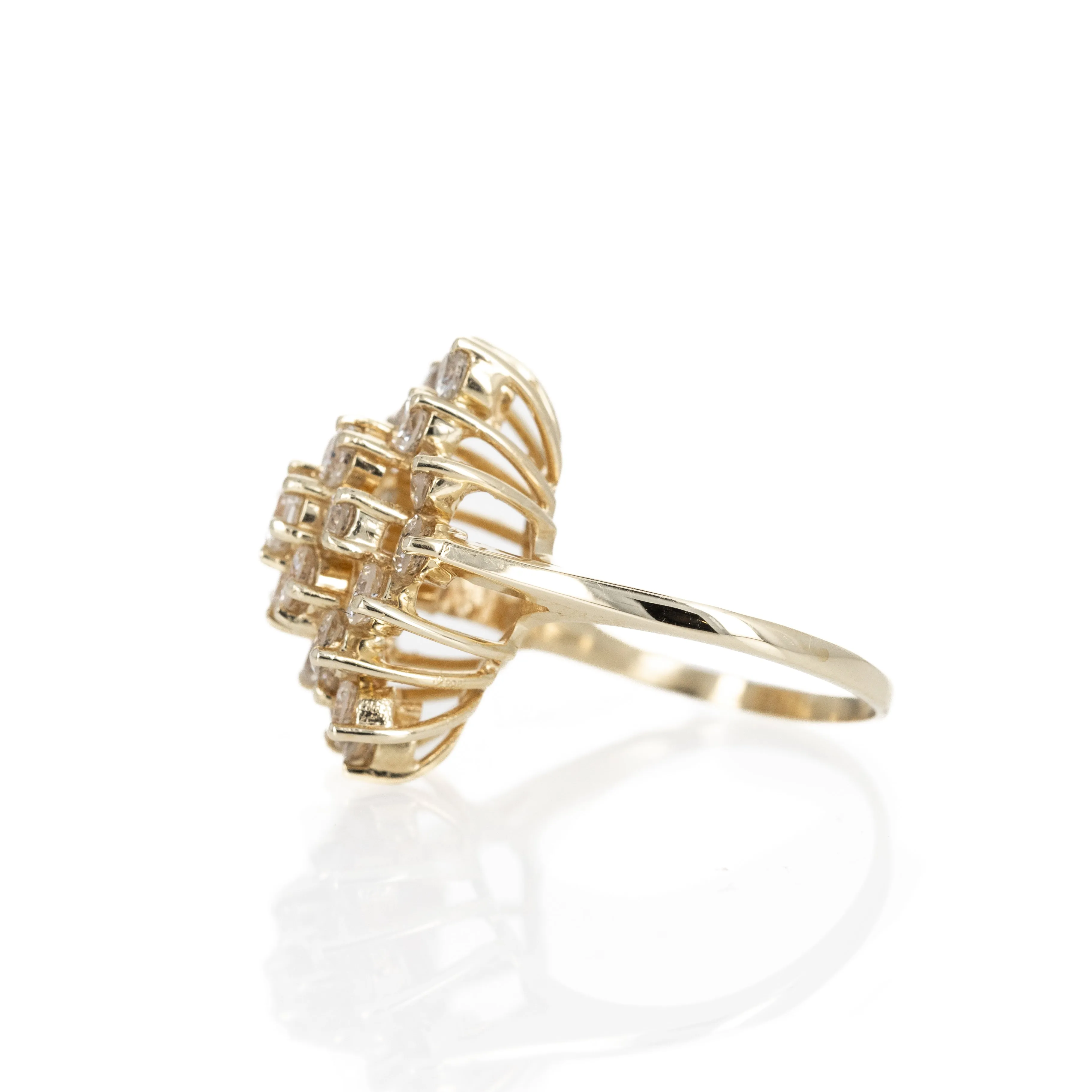 Retro 14K Yellow Gold 1.83 Carat Diamond Waterfall Cluster Ring