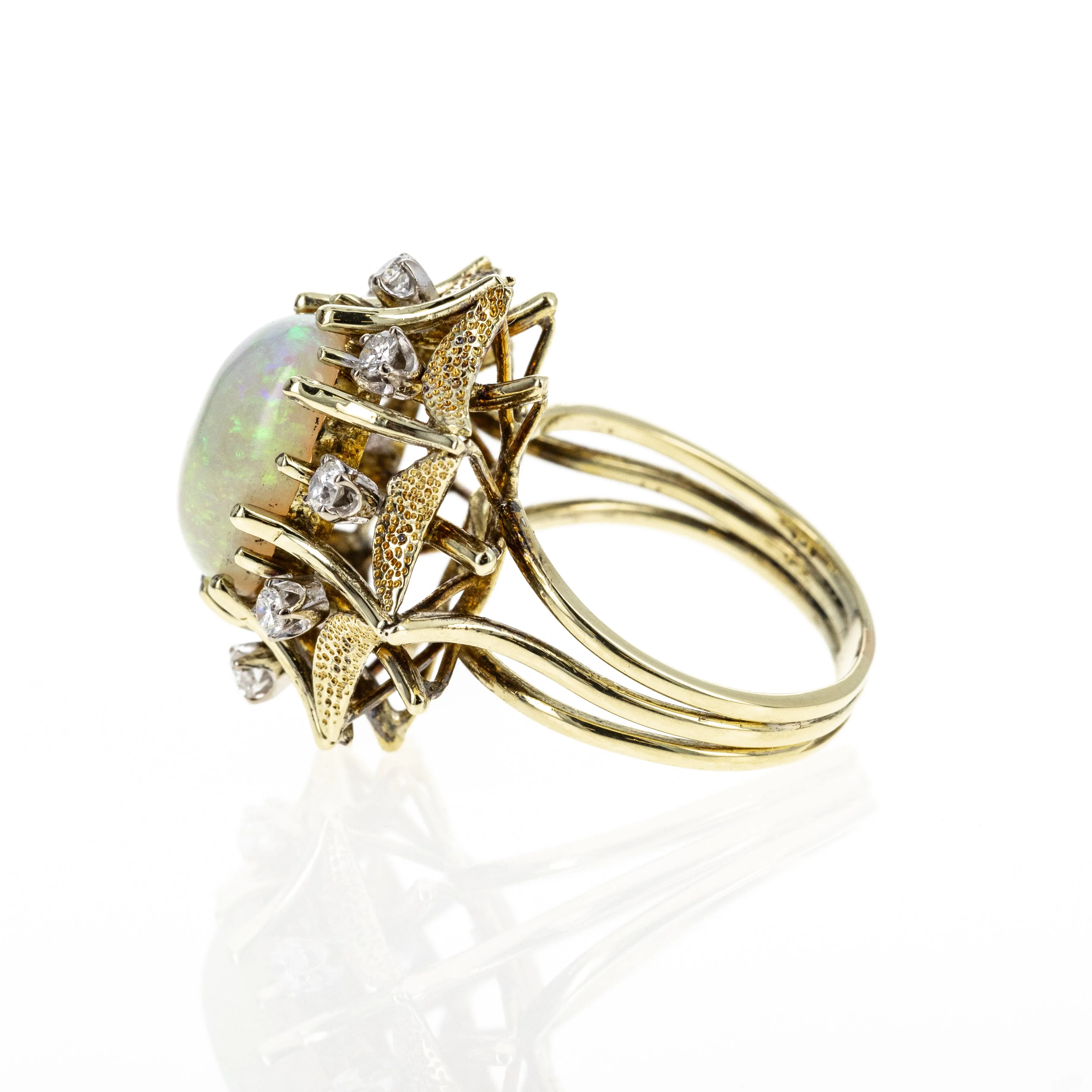 Retro 14K Yellow Gold 3 Carat Opal Diamond Ring