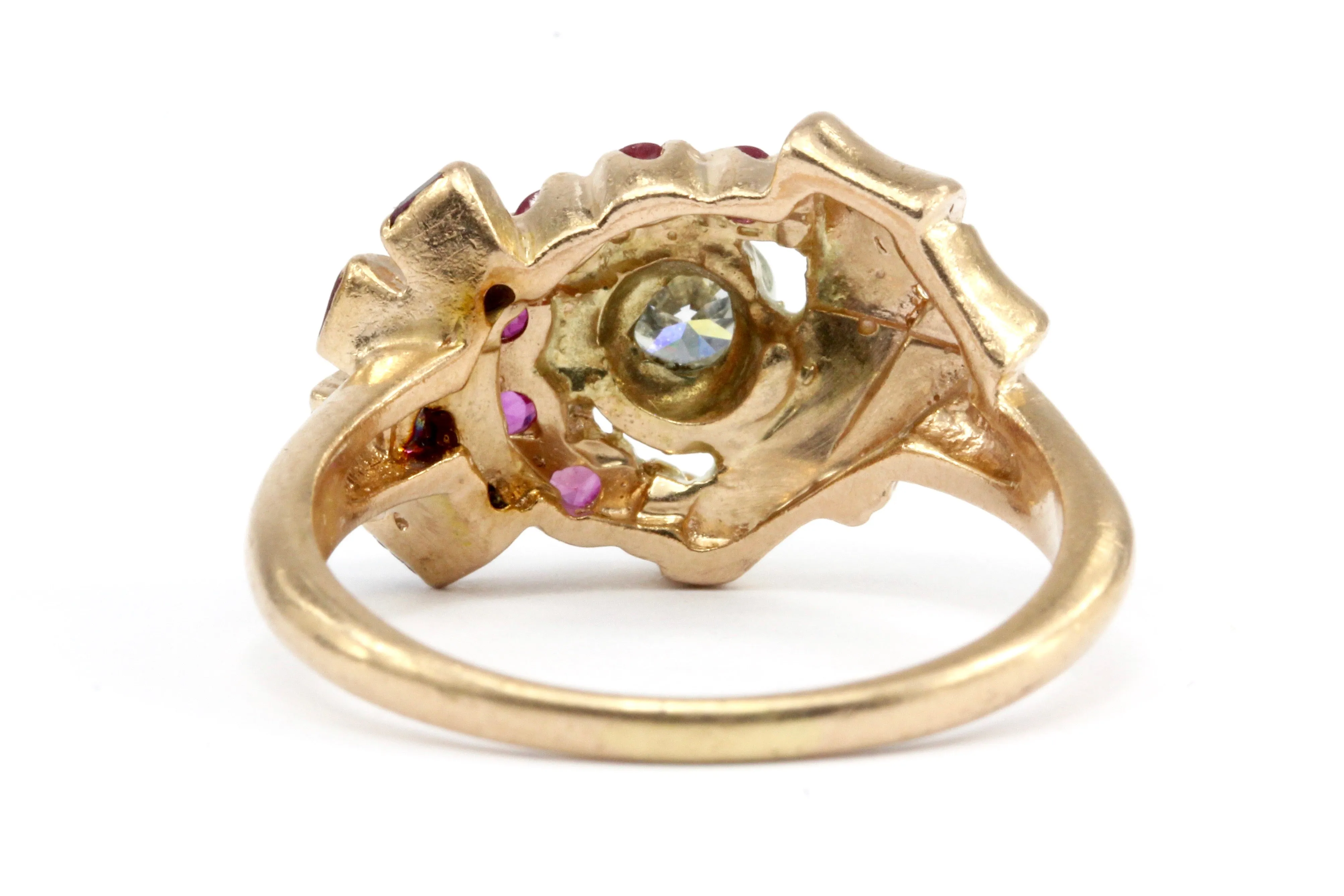 Retro 1940s 14K Rose Gold Diamond and Ruby Stylized Bow Ring Size 7