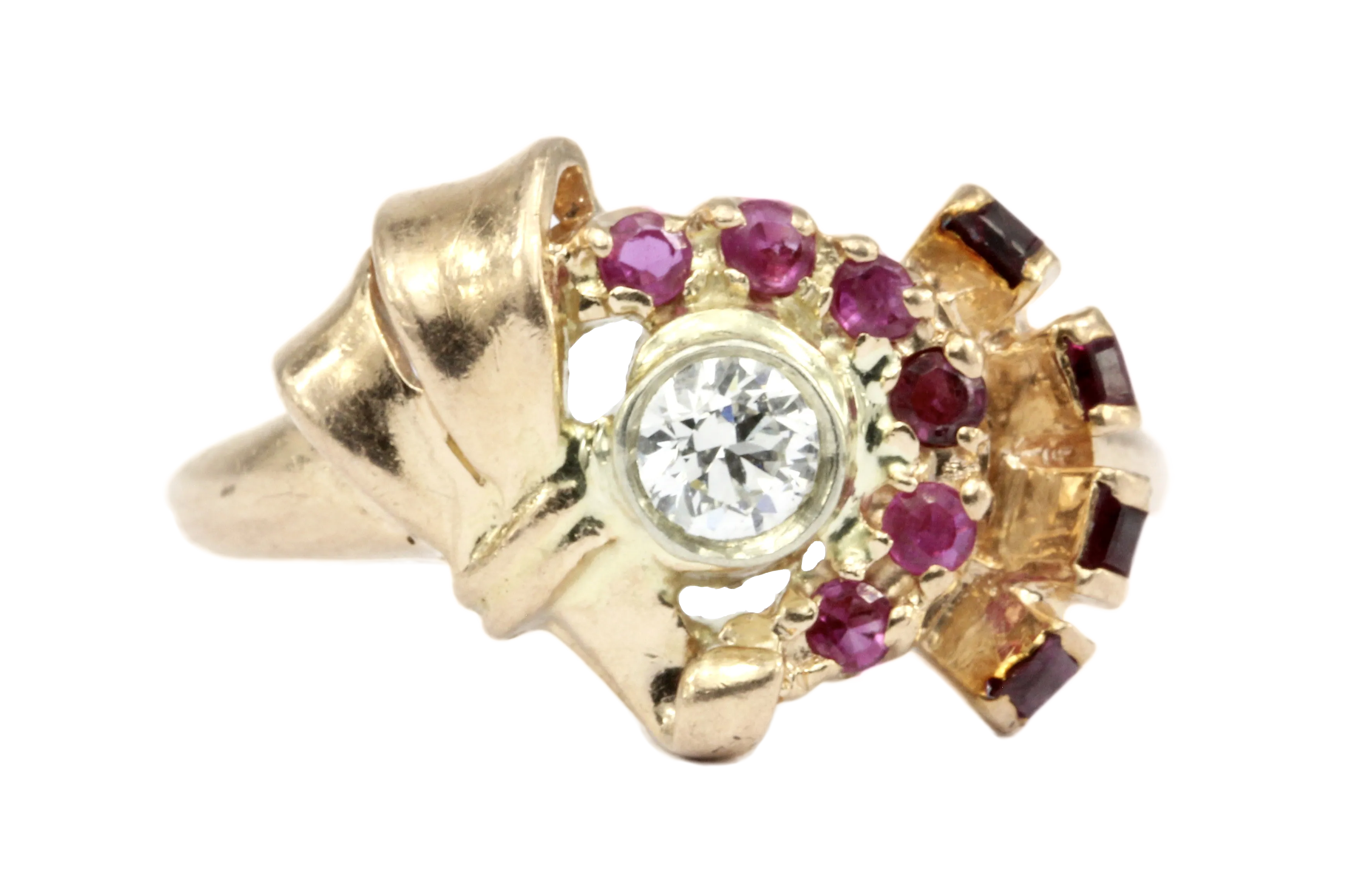 Retro 1940s 14K Rose Gold Diamond and Ruby Stylized Bow Ring Size 7