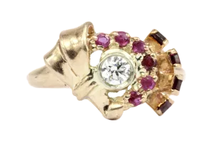 Retro 1940s 14K Rose Gold Diamond and Ruby Stylized Bow Ring Size 7