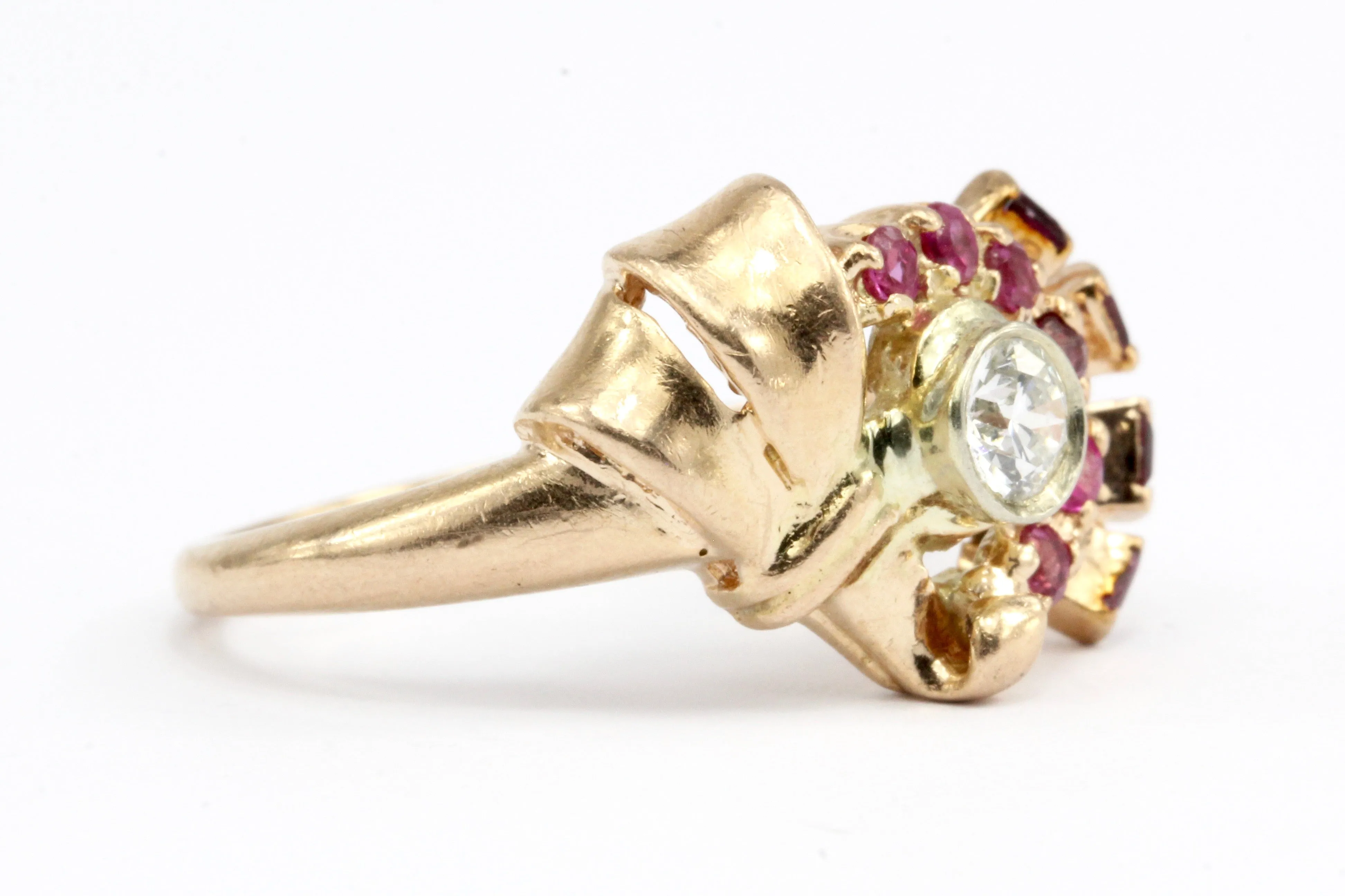 Retro 1940s 14K Rose Gold Diamond and Ruby Stylized Bow Ring Size 7